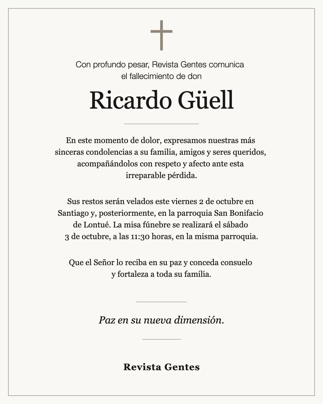 Revista Gentes comunica el fallecimiento de don Ricardo Güell